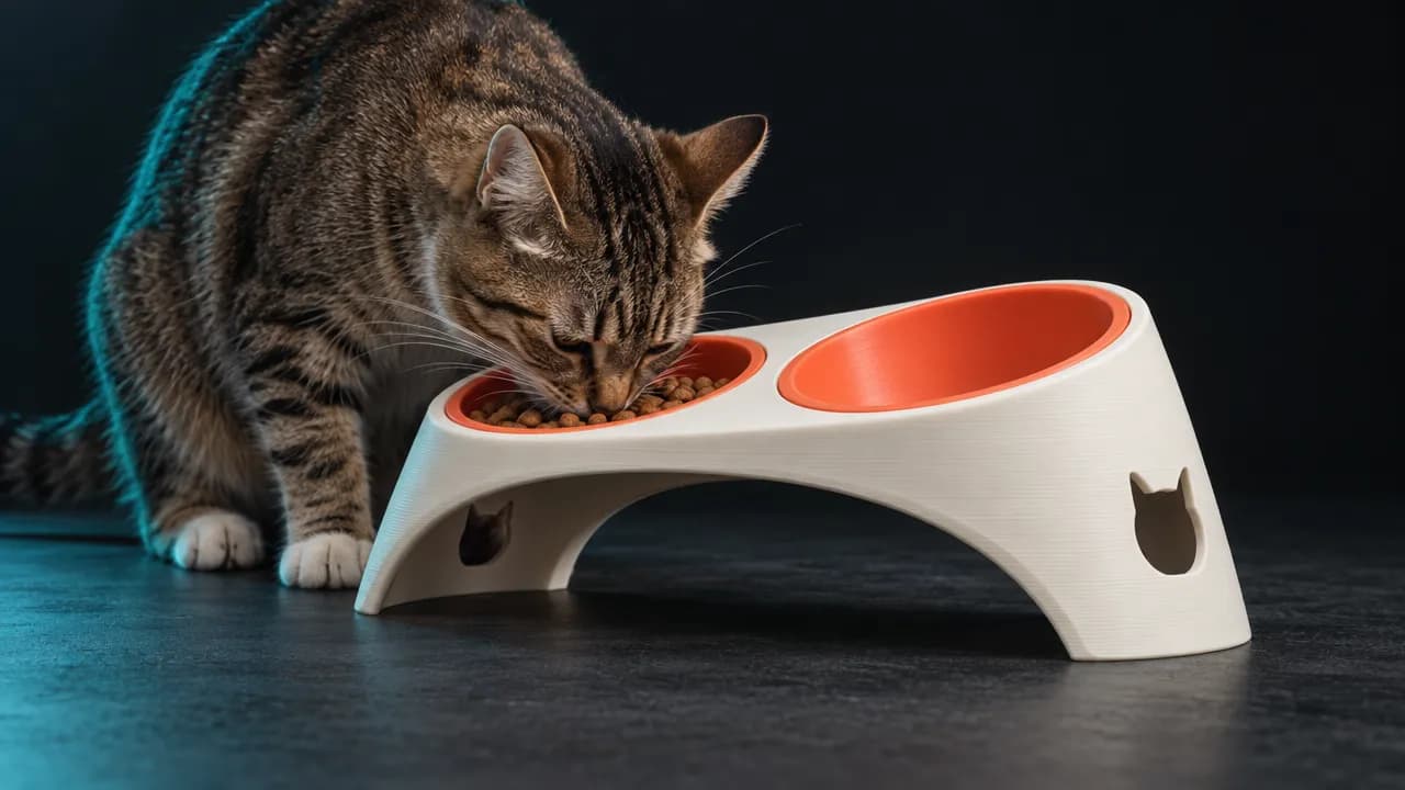 Render de un gato comiendo de un comedero elevado marfil con platos coral