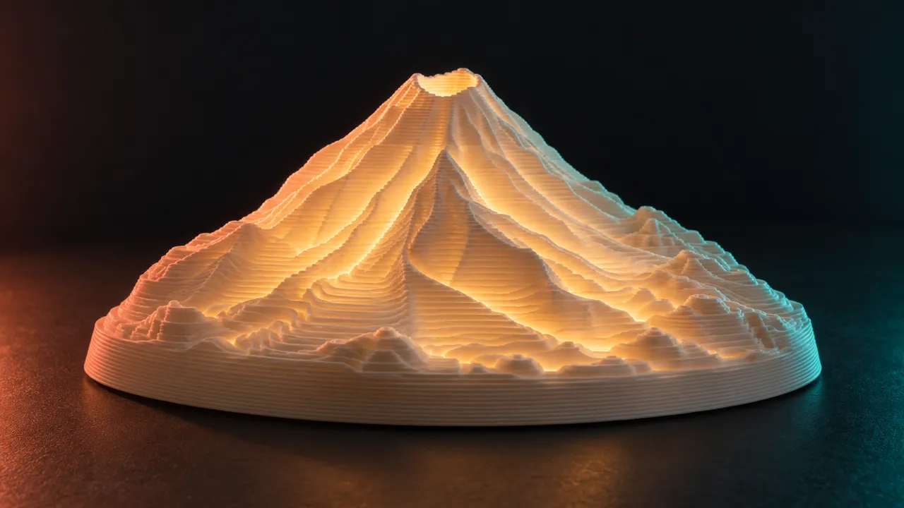 Render de una lámpara con forma de volcán hecha de curvas de nivel, iluminada desde adentro