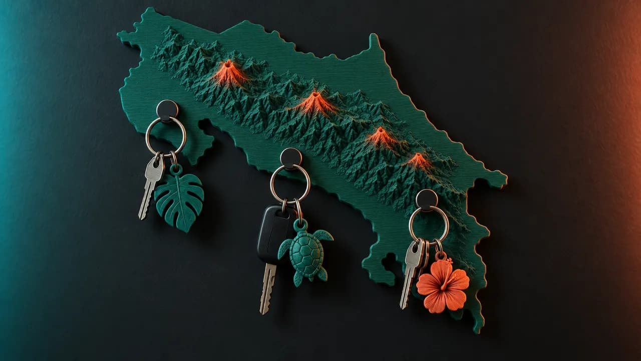 Render de un porta-llaves de pared con la forma de Costa Rica en relieve y llaveros colgando