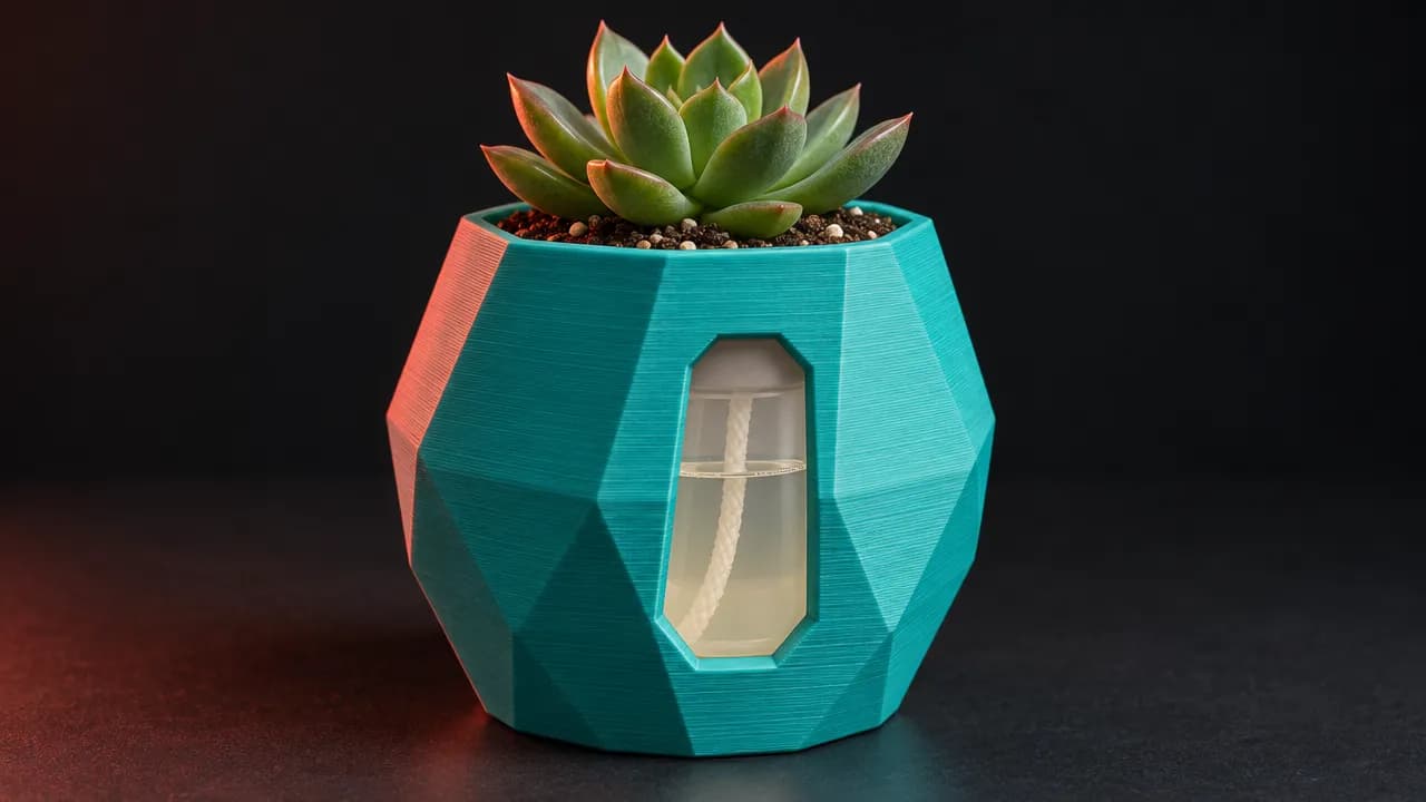 Render de una maceta facetada turquesa con ventana al depósito de agua y una suculenta
