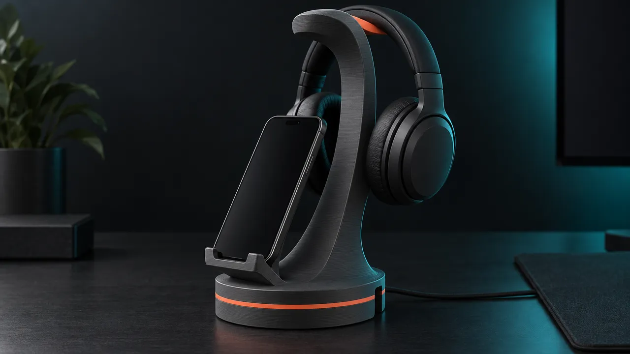 Render de un soporte negro con anillo coral que sostiene un celular y unos audífonos