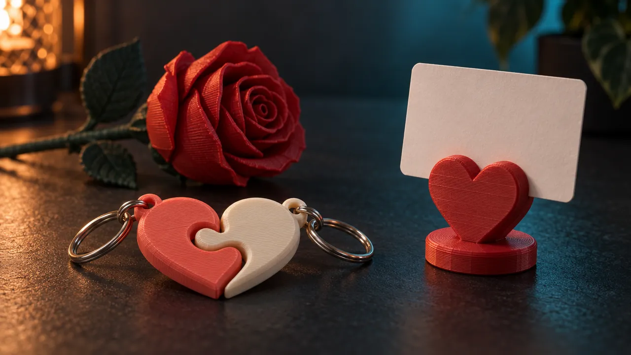 Idea generada con IA: llaveros de corazón y una rosa impresos en 3D