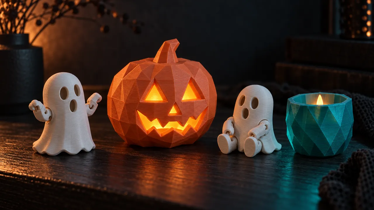Idea generada con IA: calabaza facetada iluminada y fantasmas impresos en 3D