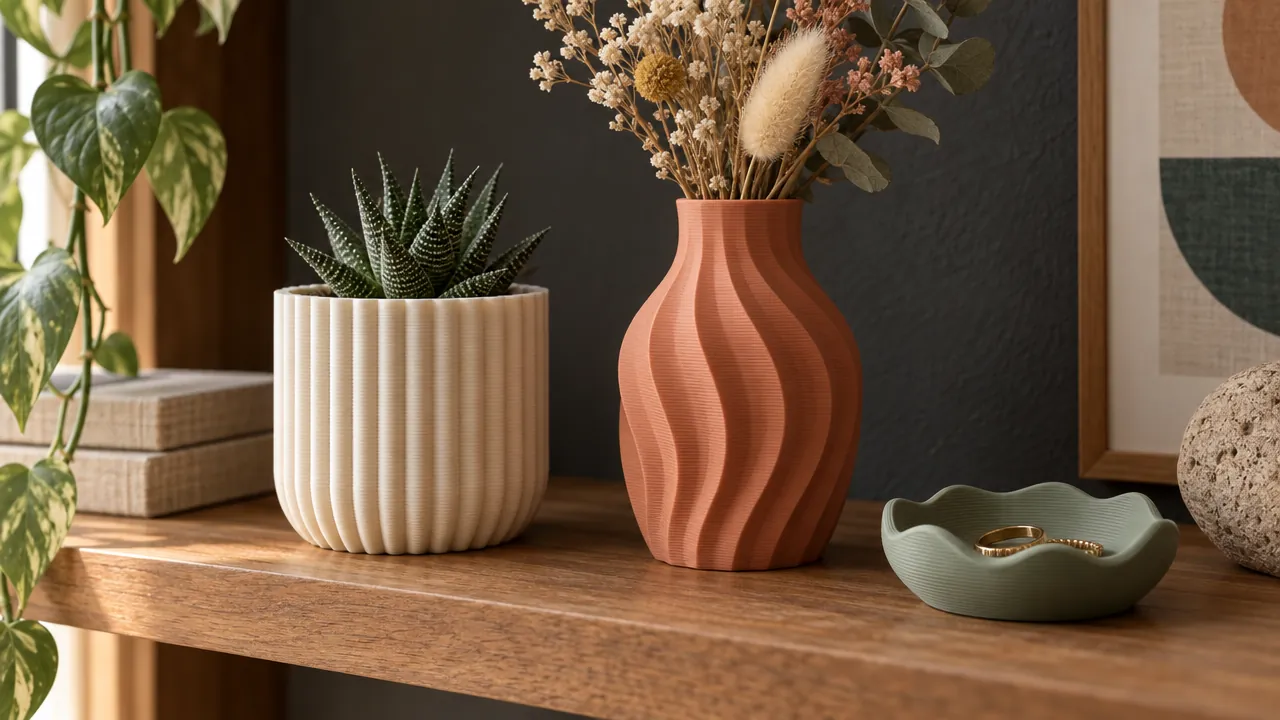 Idea generada con IA: maceta, florero y joyero de estilo japandi impresos en 3D
