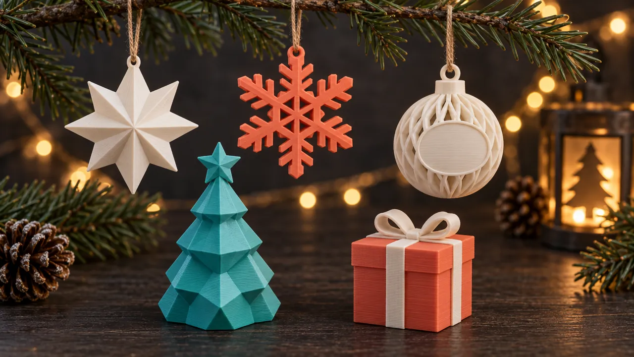 Idea generada con IA: adornos navideños geométricos y un arbolito impresos en 3D