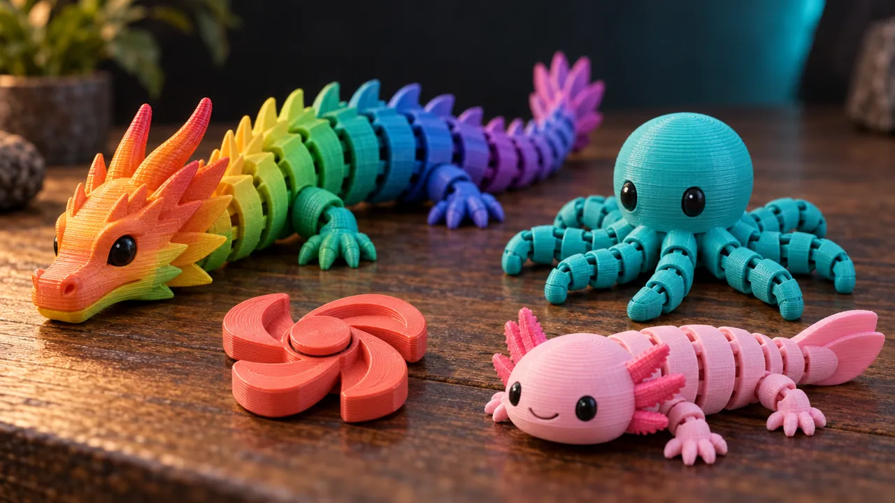 Idea generada con IA: dragón, pulpo y ajolote articulados impresos en 3D