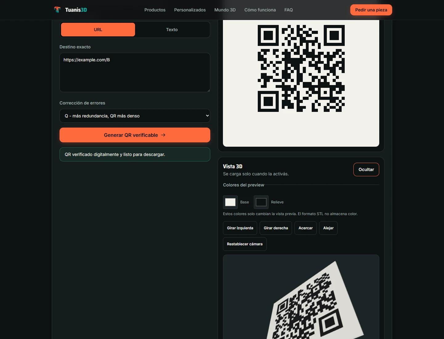 Captura del generador QR3D con una URL de ejemplo, QR 2D generado y vista previa tridimensional