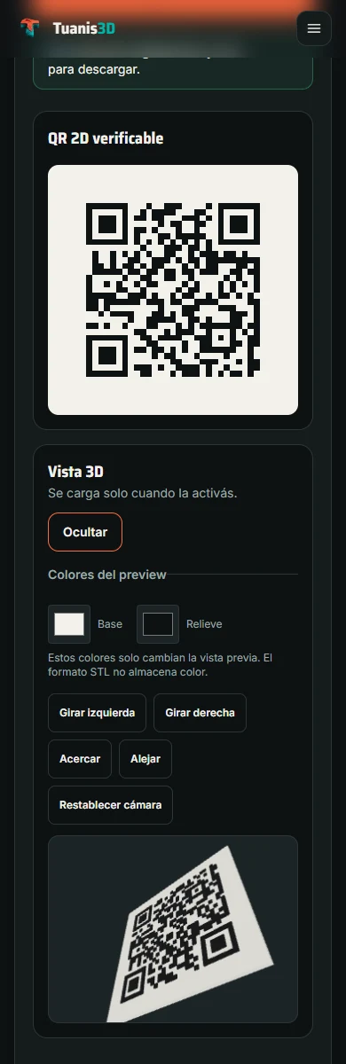 Captura móvil del generador QR3D con código bidimensional y vista previa de una placa en relieve